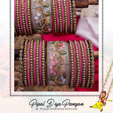 Antique Gold Hand Embroidered Bangles Set For Both Hands | Pipal Diya Peengan by Punjabi Traditional Jewellery Exclusive